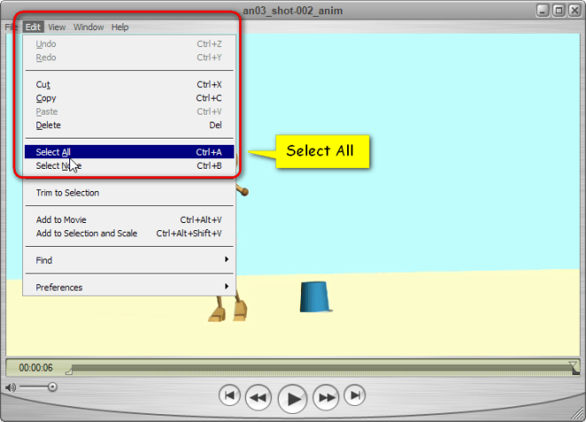 QuickTime Pro screenshot showing Select All command in Edit menu
