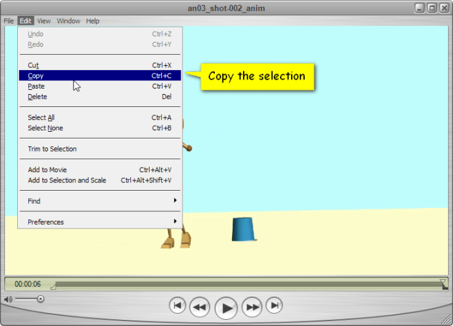 QuickTime Pro screenshot showing Copy command in Edit menu