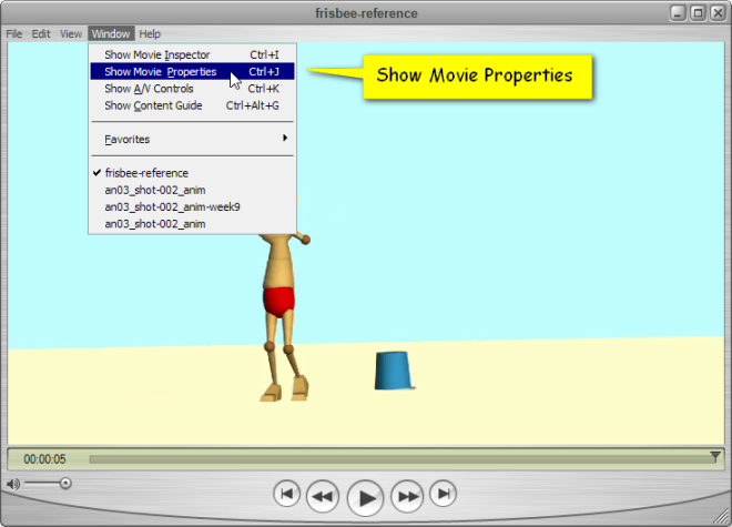 QuickTime Pro screenshot showing movie properties command in window menu