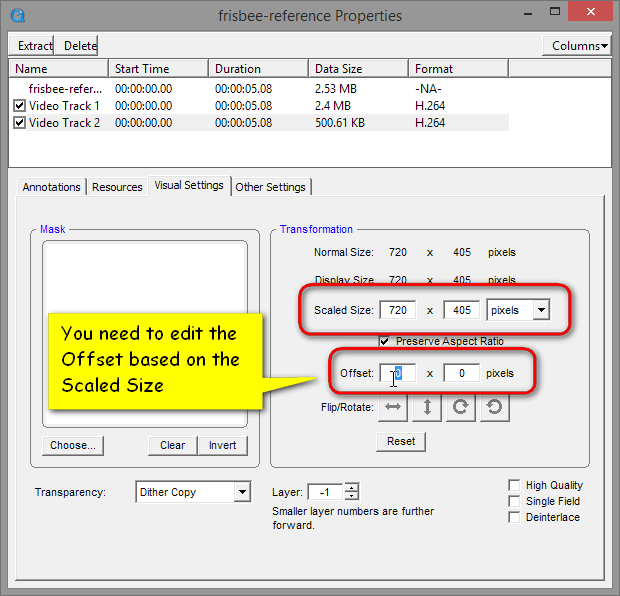 QuickTime Pro screenshot showing the offset properties