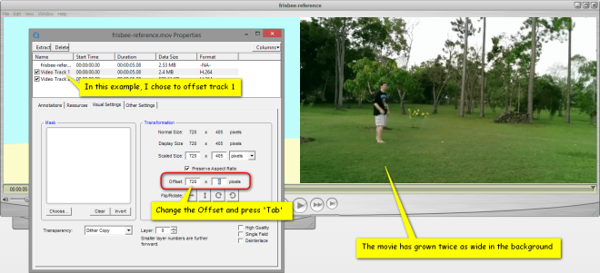 QuickTime Pro screenshot showing editing the offset properties for a second video