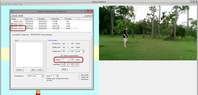 QuickTime Pro screenshot showing editing the offset properties for a third video