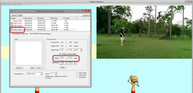 QuickTime Pro screenshot showing editing the offset properties for a fourth video